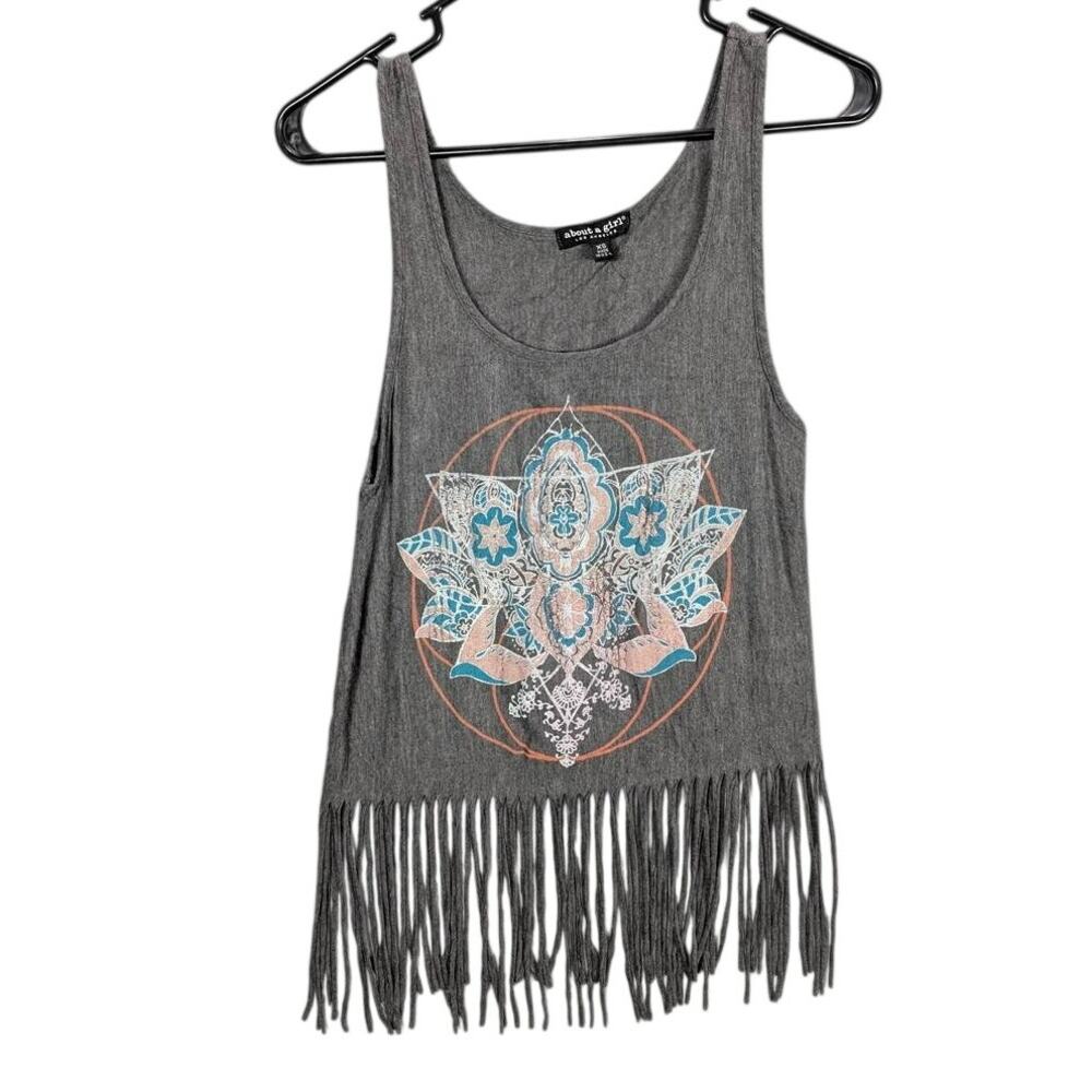 about a girl Tank Womens XS Gray Cropped Fringe Hem Mandala Print Western Boho